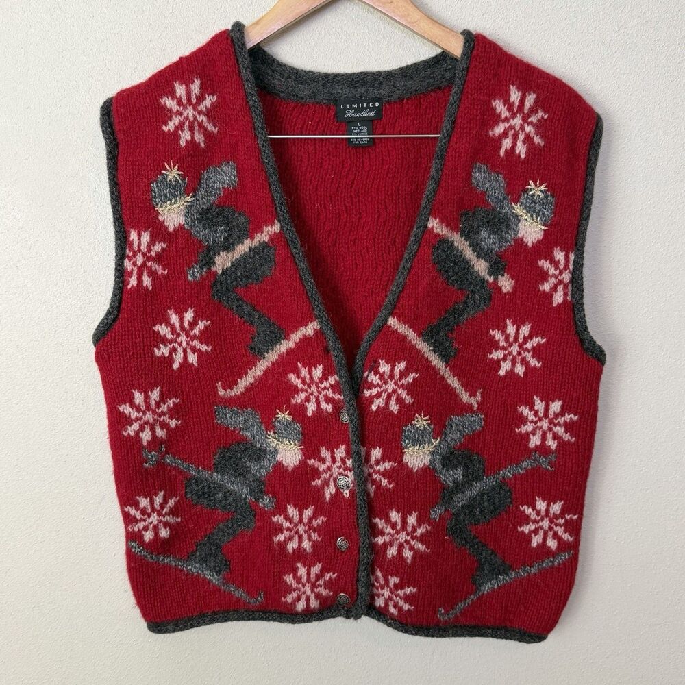 Vtg 1990s The Limited Handknit Shetland Wool Ski Vest Red Womens L Retro Holiday